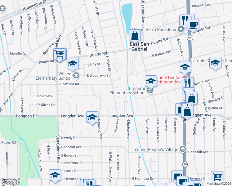 map of restaurants, bars, coffee shops, grocery stores, and more near 6430 North Vista Street in San Gabriel