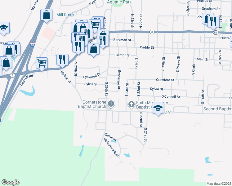 map of restaurants, bars, coffee shops, grocery stores, and more near 117 Evonshire Drive in Arkadelphia