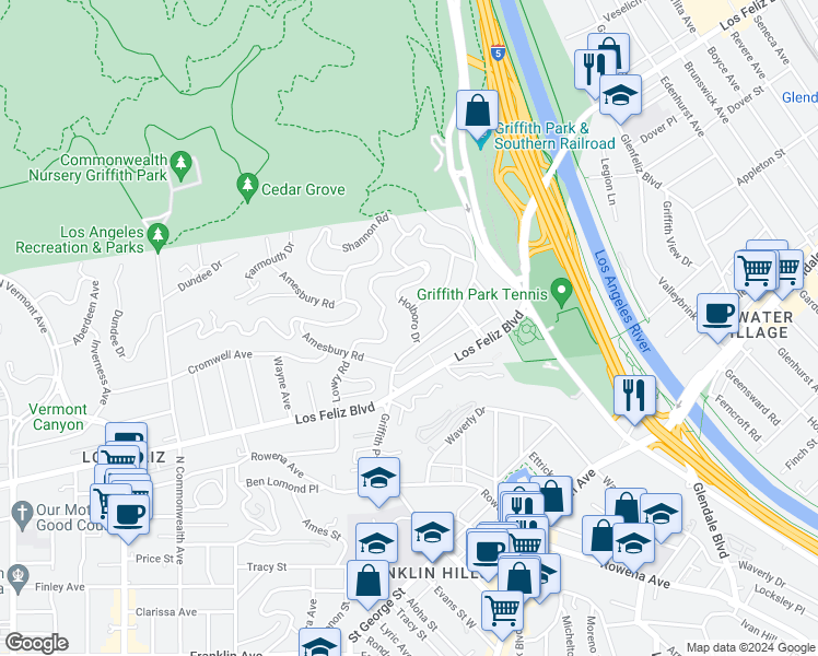map of restaurants, bars, coffee shops, grocery stores, and more near 3521 Holboro Drive in Los Angeles