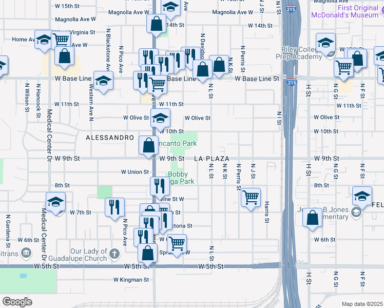map of restaurants, bars, coffee shops, grocery stores, and more near 1180 West 9th Street in San Bernardino