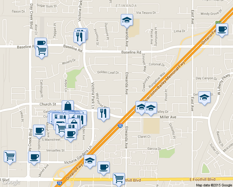 map of restaurants, bars, coffee shops, grocery stores, and more near 12844 Spring Mountain Drive in Rancho Cucamonga