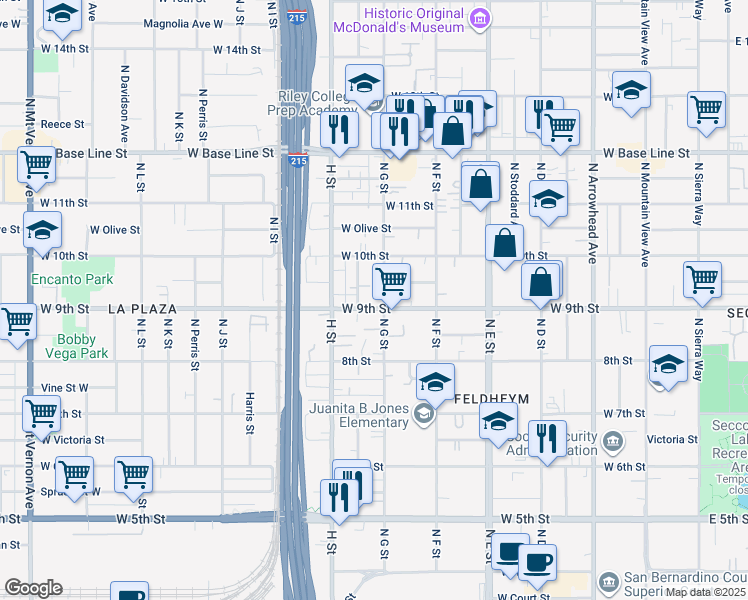 map of restaurants, bars, coffee shops, grocery stores, and more near in San Bernardino