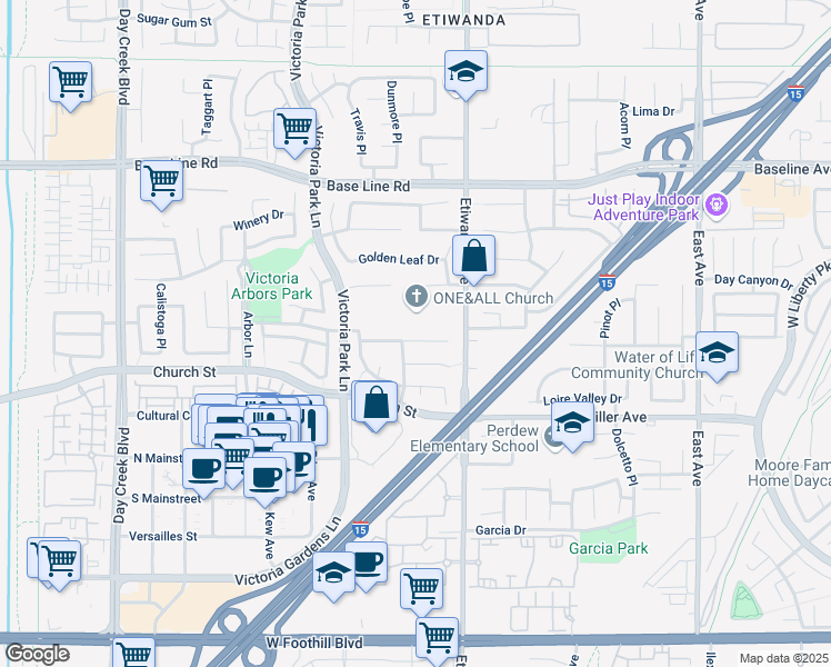 map of restaurants, bars, coffee shops, grocery stores, and more near 12844 Spring Mountain Drive in Rancho Cucamonga