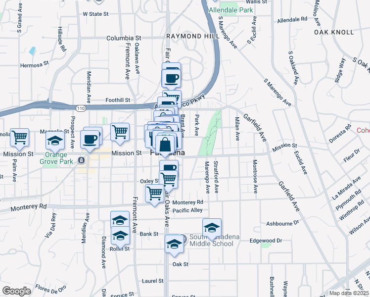 map of restaurants, bars, coffee shops, grocery stores, and more near 820 Brent Avenue in South Pasadena