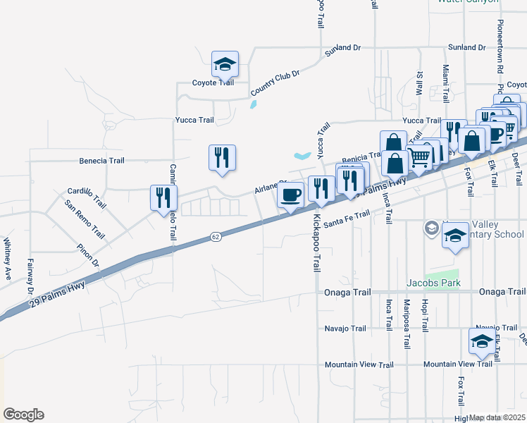 map of restaurants, bars, coffee shops, grocery stores, and more near 55198 29 Palms Highway in Yucca Valley