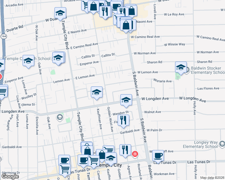 map of restaurants, bars, coffee shops, grocery stores, and more near 9827 Estrella Avenue in Temple City