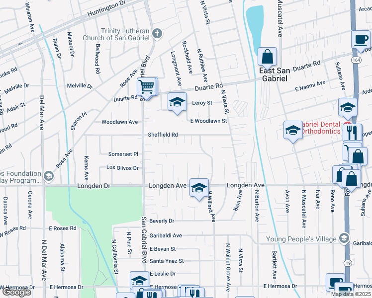 map of restaurants, bars, coffee shops, grocery stores, and more near 8345 Doris Avenue in San Gabriel