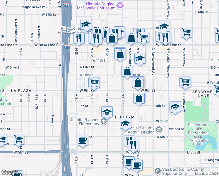 map of restaurants, bars, coffee shops, grocery stores, and more near 901 North F Street in San Bernardino