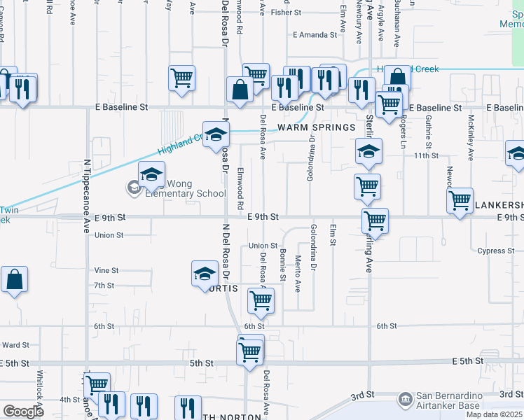 map of restaurants, bars, coffee shops, grocery stores, and more near 7588 Del Rosa Avenue in San Bernardino