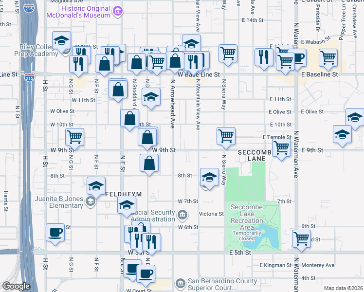 map of restaurants, bars, coffee shops, grocery stores, and more near 901 North Arrowhead Avenue in San Bernardino