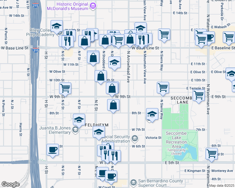 map of restaurants, bars, coffee shops, grocery stores, and more near 362 West 9th Street in San Bernardino