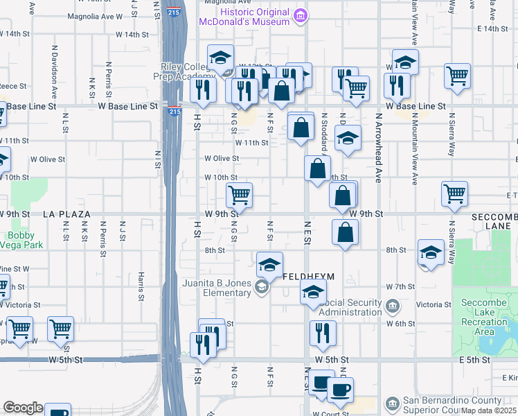 map of restaurants, bars, coffee shops, grocery stores, and more near 628 West 9th Street in San Bernardino