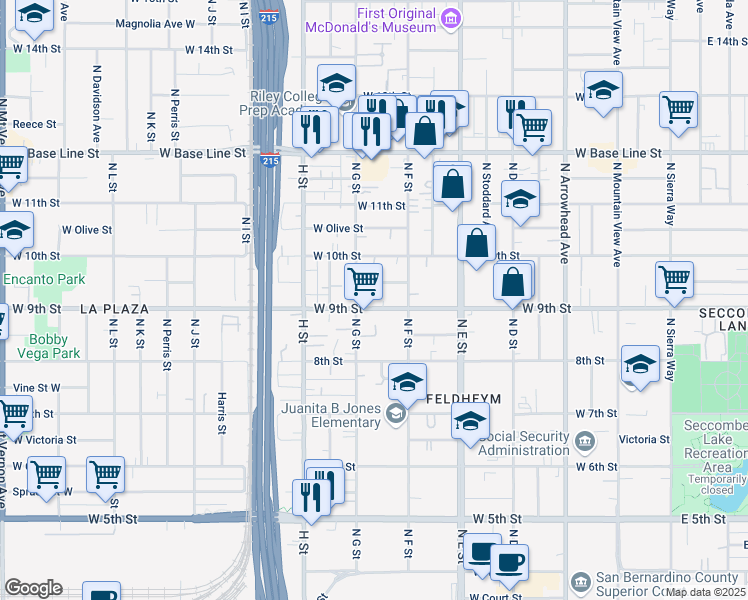 map of restaurants, bars, coffee shops, grocery stores, and more near in San Bernardino