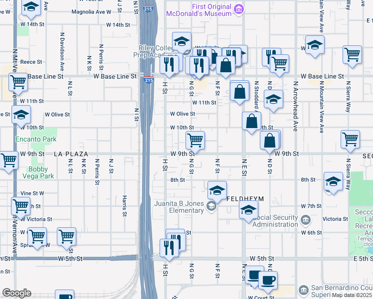 map of restaurants, bars, coffee shops, grocery stores, and more near in San Bernardino