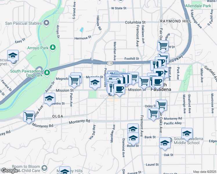 map of restaurants, bars, coffee shops, grocery stores, and more near in South Pasadena