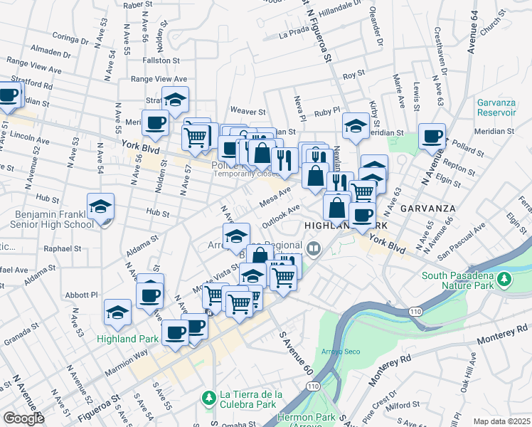 map of restaurants, bars, coffee shops, grocery stores, and more near 6140 1/2 Mesa Avenue in Los Angeles