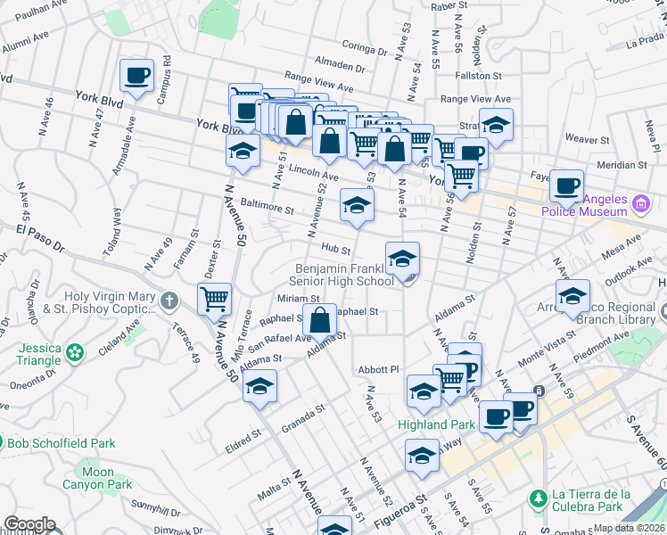 map of restaurants, bars, coffee shops, grocery stores, and more near 5227 Irvington Place in Los Angeles