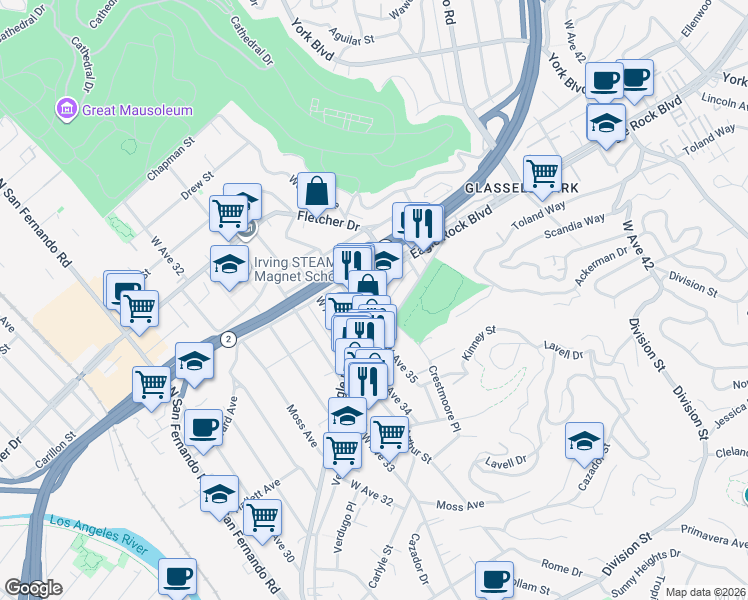 map of restaurants, bars, coffee shops, grocery stores, and more near 3561 Verdugo Road in Los Angeles