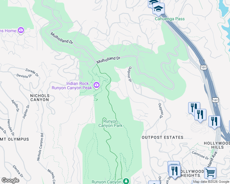 map of restaurants, bars, coffee shops, grocery stores, and more near 2641 Larmar Road in Los Angeles