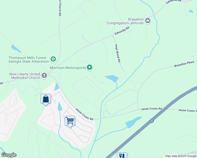 map of restaurants, bars, coffee shops, grocery stores, and more near 377 Fox Creek Drive in Braselton