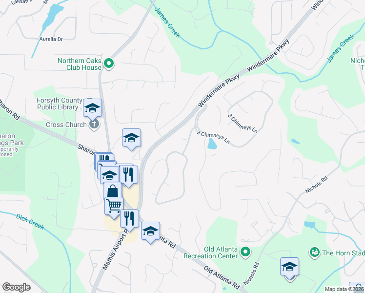 map of restaurants, bars, coffee shops, grocery stores, and more near 3720 Hearthway Lane in Cumming