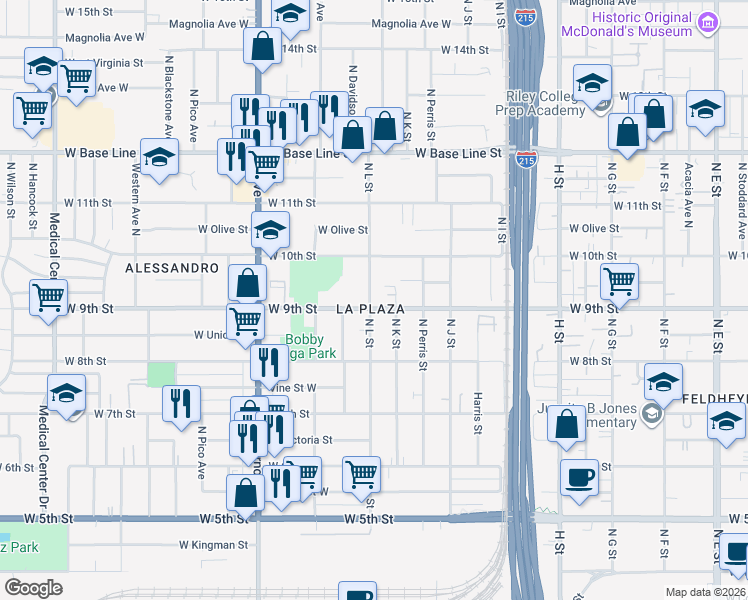 map of restaurants, bars, coffee shops, grocery stores, and more near 1098 West 9th Street in San Bernardino