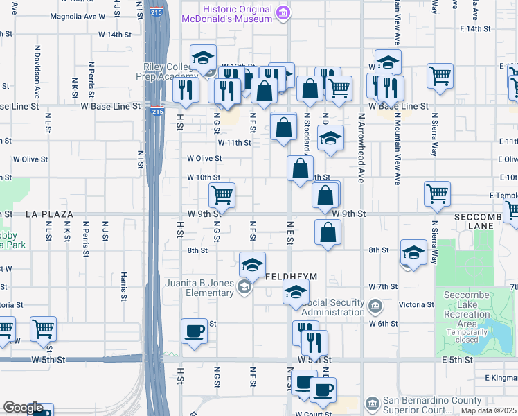 map of restaurants, bars, coffee shops, grocery stores, and more near 901 North F Street in San Bernardino