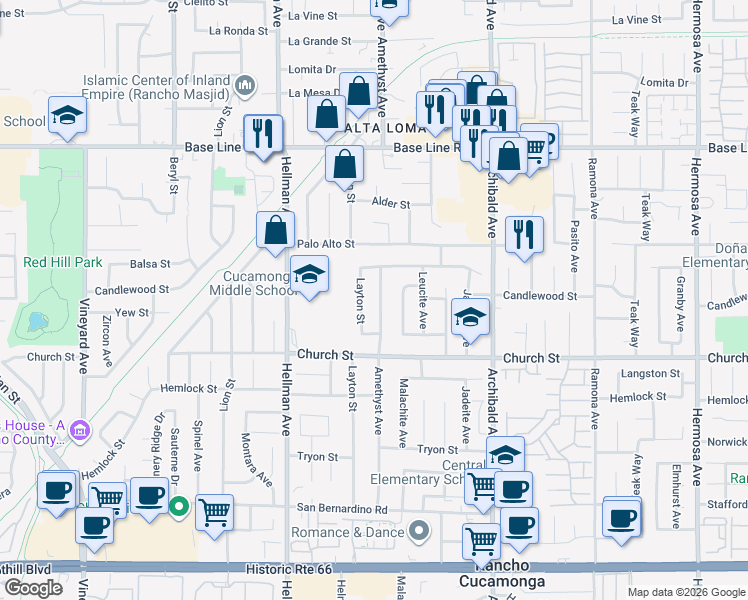 map of restaurants, bars, coffee shops, grocery stores, and more near 7584 Amethyst Avenue in Rancho Cucamonga
