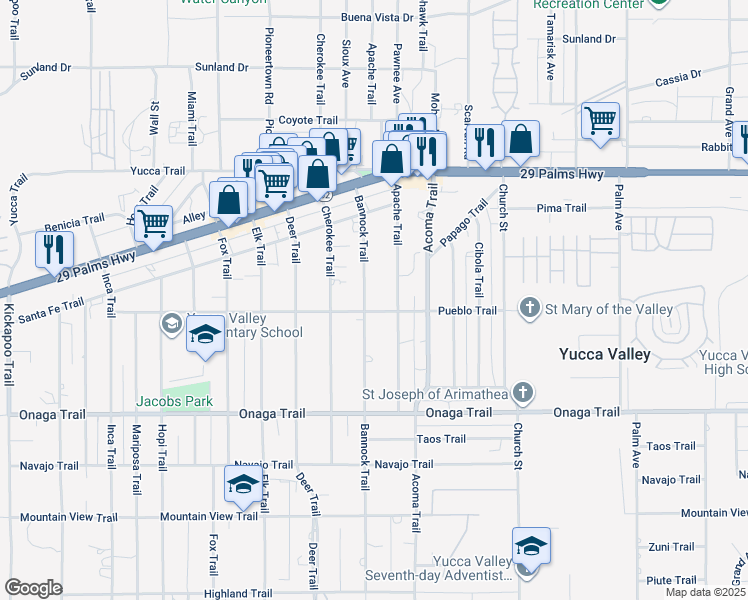 map of restaurants, bars, coffee shops, grocery stores, and more near 7479 Bannock Trail in Yucca Valley