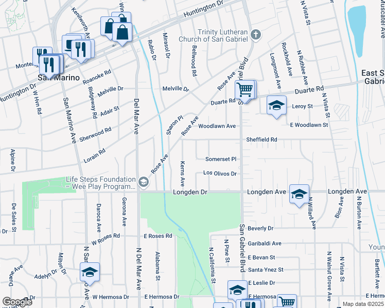 map of restaurants, bars, coffee shops, grocery stores, and more near 1955 Endicott Road in San Marino
