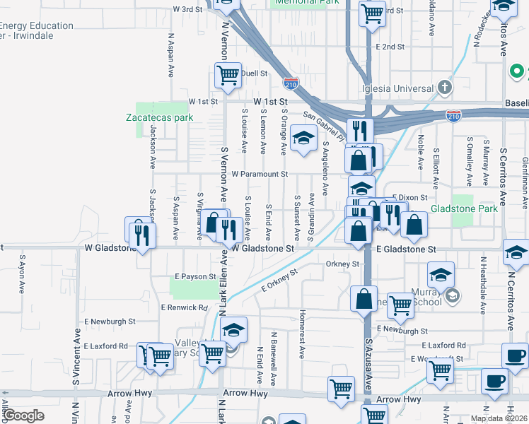 map of restaurants, bars, coffee shops, grocery stores, and more near 349 South Enid Avenue in Azusa