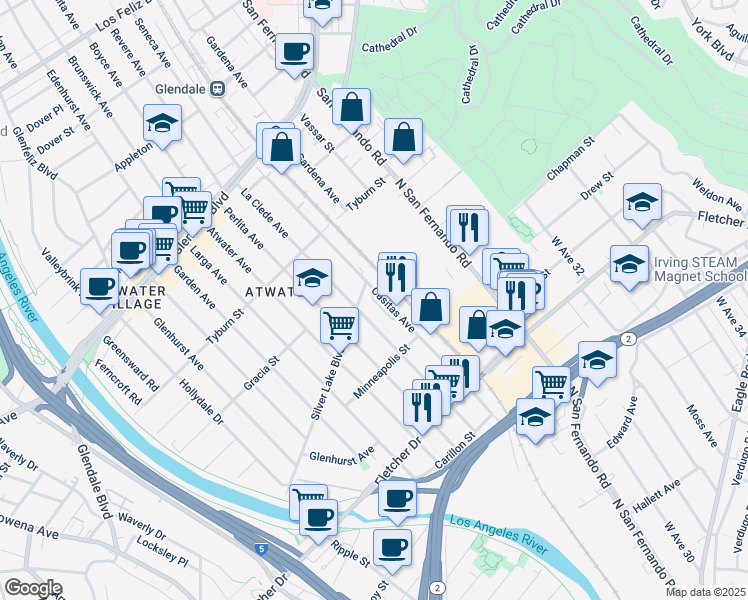 map of restaurants, bars, coffee shops, grocery stores, and more near 3272 Kazaz Lane in Los Angeles