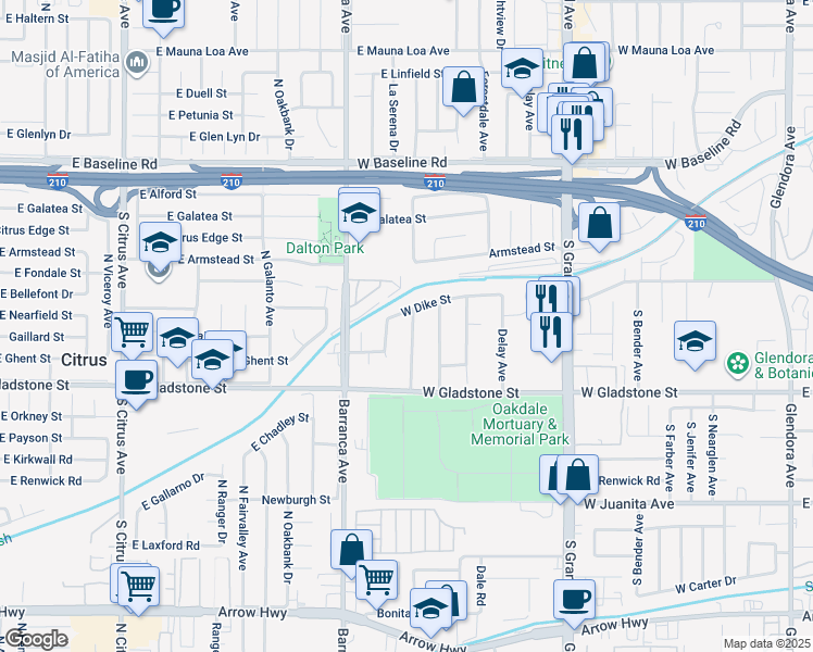 map of restaurants, bars, coffee shops, grocery stores, and more near 1251 South Prospero Drive in Glendora