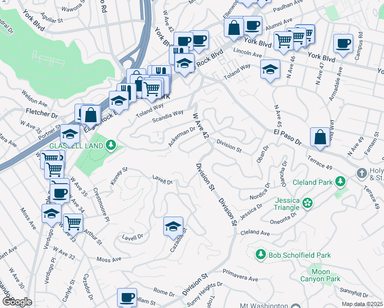 map of restaurants, bars, coffee shops, grocery stores, and more near 4000 Barryknoll Drive in Los Angeles