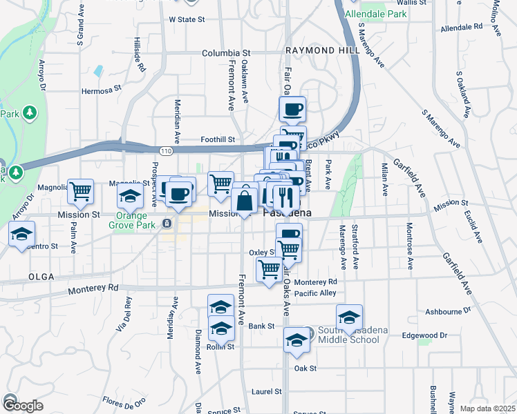 map of restaurants, bars, coffee shops, grocery stores, and more near 1422 Mission Street in South Pasadena