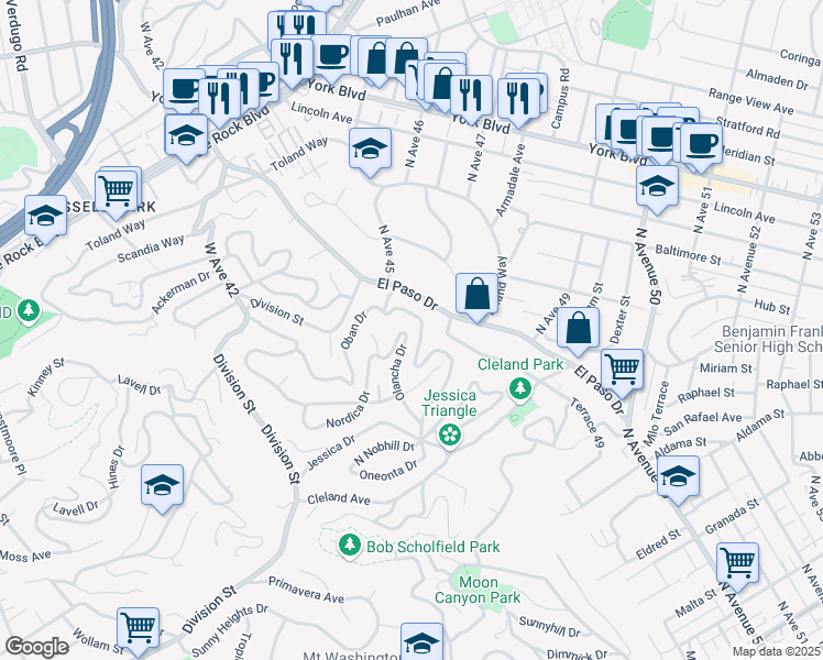 map of restaurants, bars, coffee shops, grocery stores, and more near 1108 Olancha Drive in Los Angeles