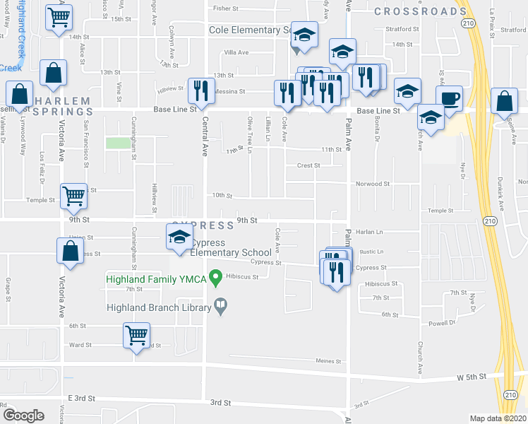 map of restaurants, bars, coffee shops, grocery stores, and more near 7570 Lillian Lane in Highland