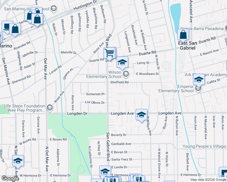 map of restaurants, bars, coffee shops, grocery stores, and more near 8219 Somerset Place in San Gabriel