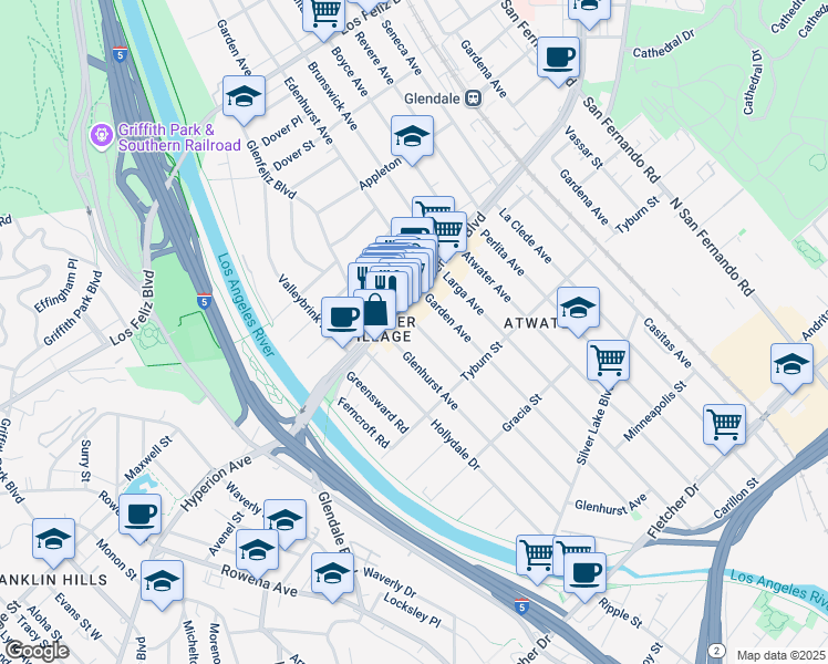 map of restaurants, bars, coffee shops, grocery stores, and more near 3522 Madera Avenue in Los Angeles
