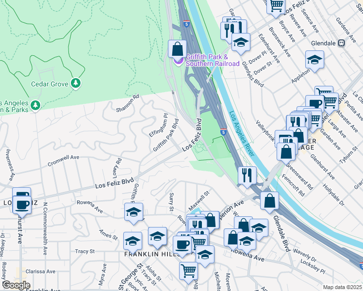 map of restaurants, bars, coffee shops, grocery stores, and more near 3400 Huxley Street in Los Angeles