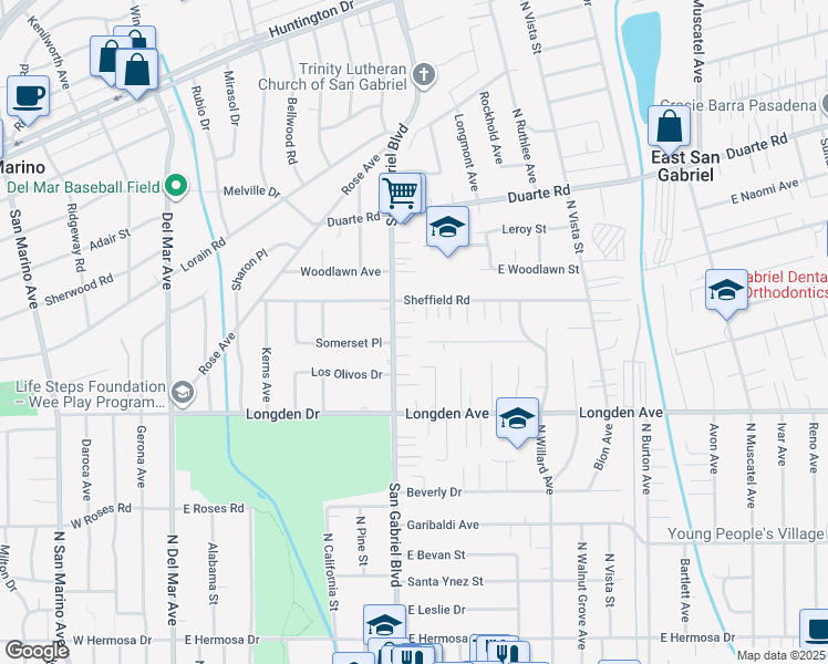 map of restaurants, bars, coffee shops, grocery stores, and more near 8219 Somerset Place in San Gabriel