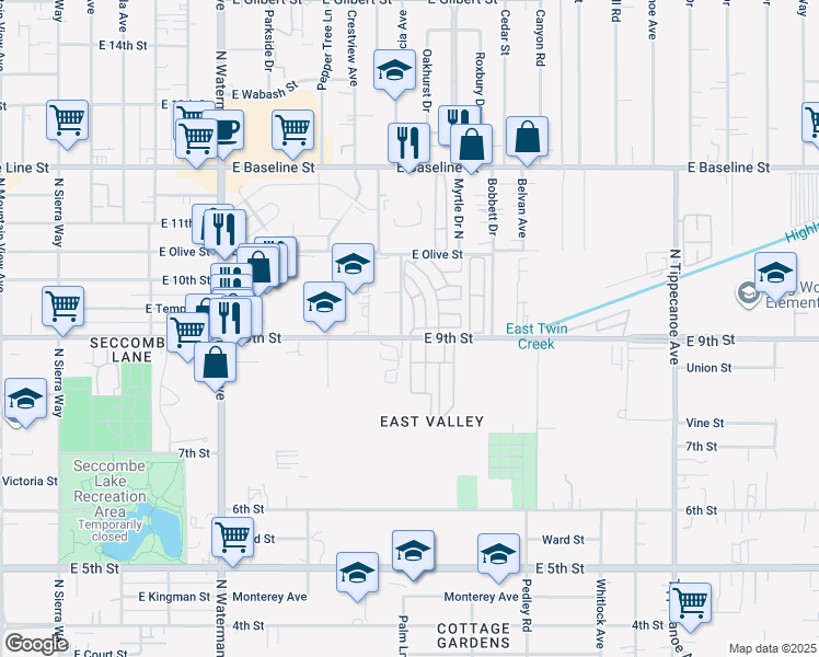 map of restaurants, bars, coffee shops, grocery stores, and more near 760 East 9th Street in San Bernardino