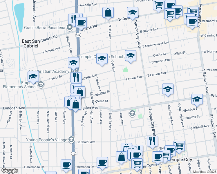 map of restaurants, bars, coffee shops, grocery stores, and more near 6410 Encinita Avenue in Temple City