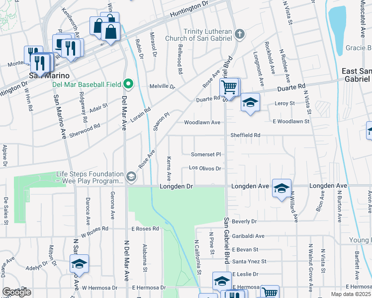 map of restaurants, bars, coffee shops, grocery stores, and more near 1954 Endicott Road in San Marino