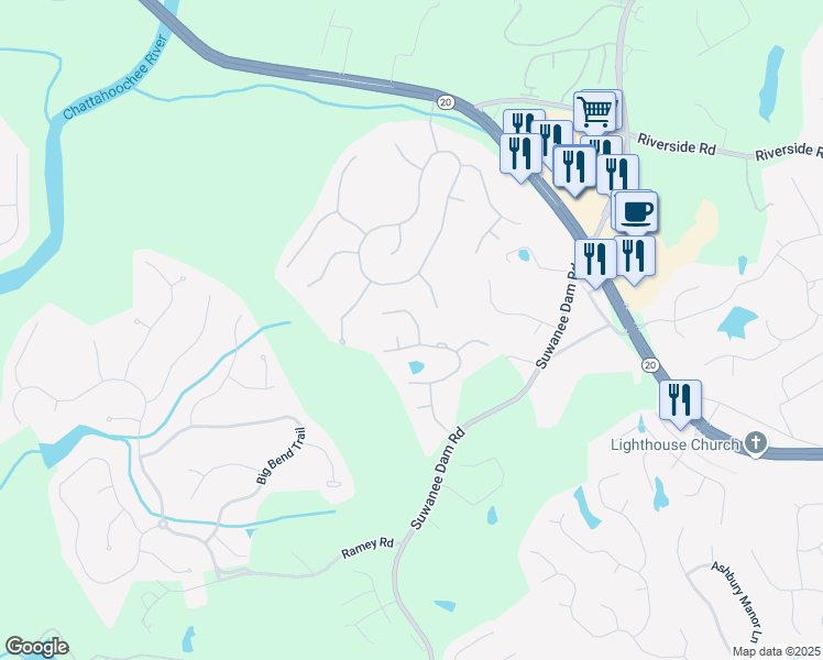 map of restaurants, bars, coffee shops, grocery stores, and more near 5914 Deer Walk Trail in Sugar Hill