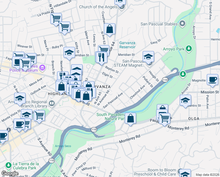 map of restaurants, bars, coffee shops, grocery stores, and more near 369 North Avenue 66 in Los Angeles