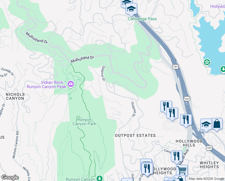 map of restaurants, bars, coffee shops, grocery stores, and more near 2600 Outpost Drive in Los Angeles
