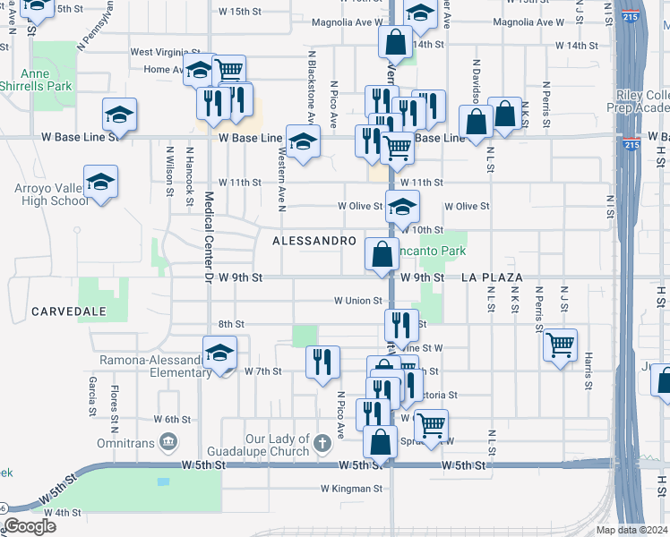 map of restaurants, bars, coffee shops, grocery stores, and more near 1408 West 9th Street in San Bernardino