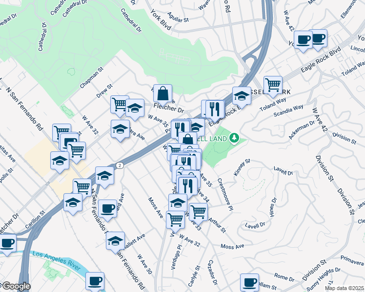 map of restaurants, bars, coffee shops, grocery stores, and more near 2855 West Avenue 35 in Los Angeles