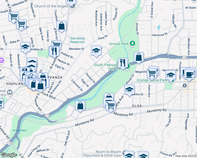 map of restaurants, bars, coffee shops, grocery stores, and more near 625 Bridewell Street in Los Angeles
